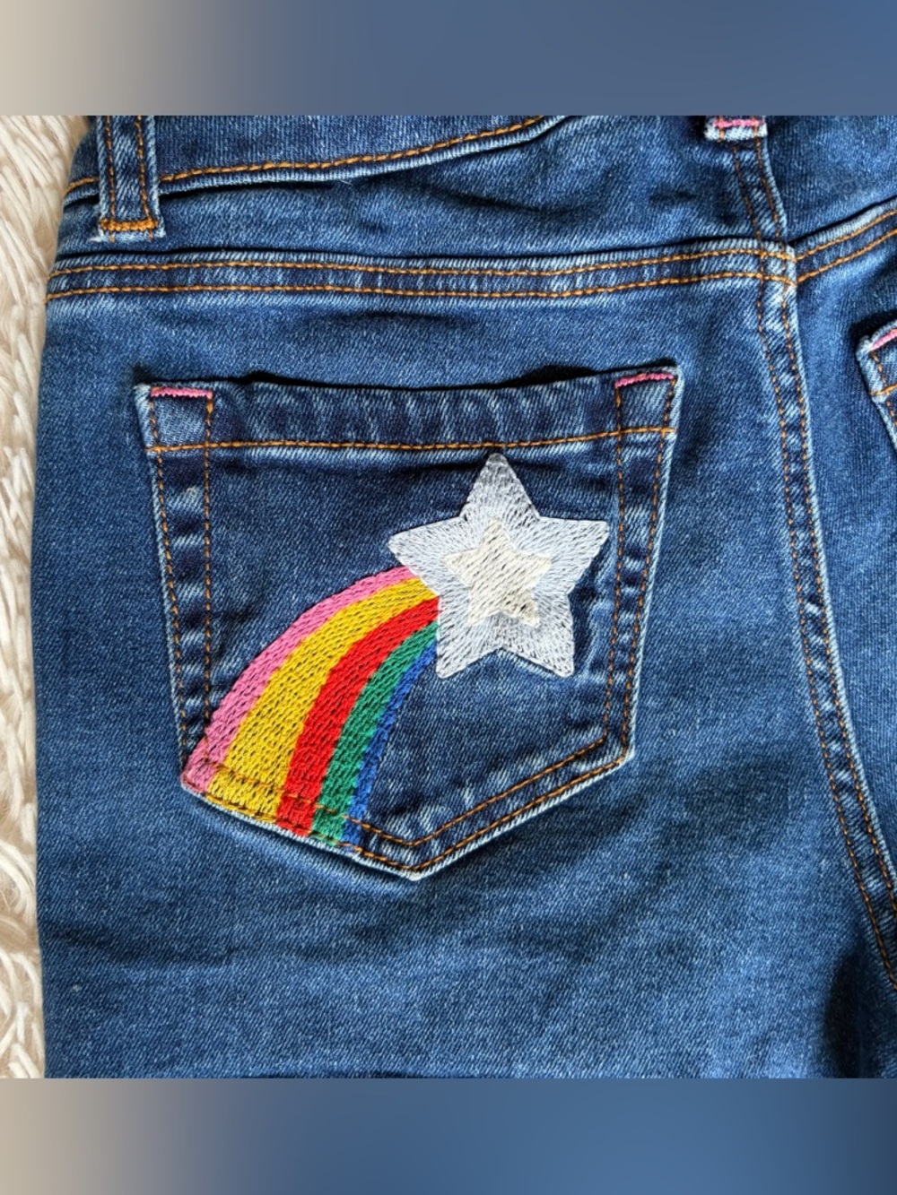 Mini Boden Star Rainbow Embroidered Jean Shorts•Size 10 - Picture 5 of 7